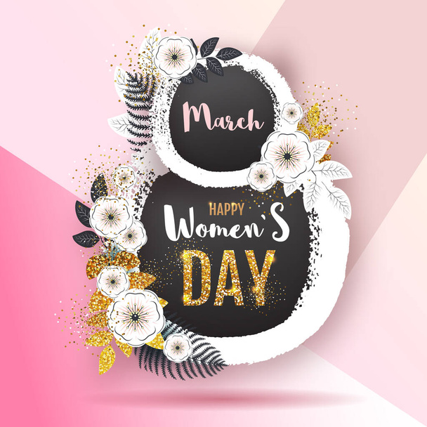 Women`s day poster with full blossom flowers and golden leaves. 8 of march. Spring flowers background - Vector, Imagen