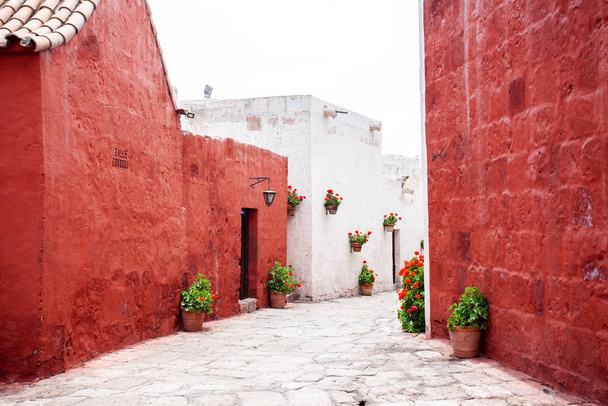 Białe i terakotowe ściany dziedzińca w klasztorze Santa Catalina, Arequipa, Peru. - Zdjęcie, obraz