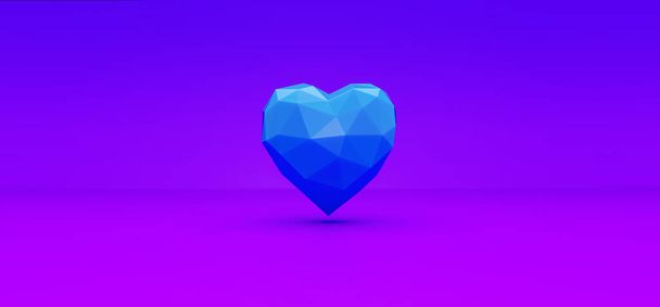 紫色の背景に多角形の心の3Dモデル表現｜サンバレンタイン愛心臓学 - 写真・画像