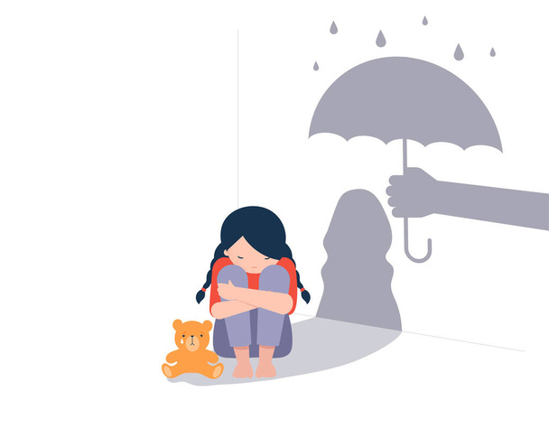 Szomorú kislány plüssmackóval a padlón, árnyék a falon egy kéz esernyővel védi őt. Gyermekbántalmazás, a gyermekek elleni erőszak koncepciótervezése.  - Vektor, kép