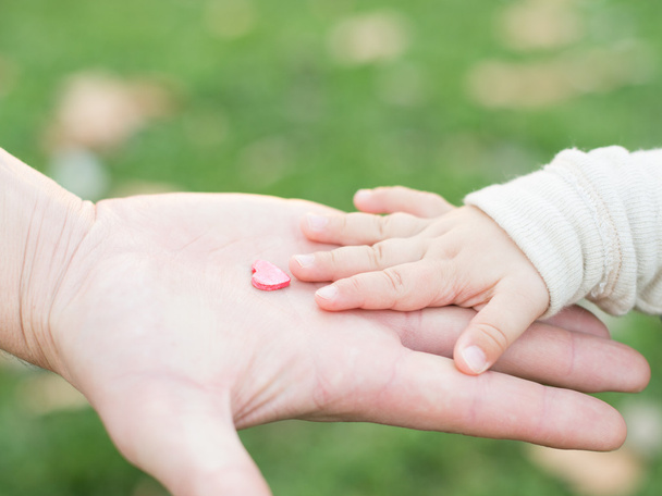 dospělé ruka drží ruku dítěte s dřevěným srdcem - Fotografie, Obrázek