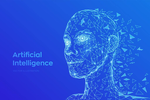 AI. Artificial intelligence concept. Low poly abstract digital human face. Human head in robot digital computer interpretation. Robotics concept. 3D polygonal head concept. Vector illustration. - Vettoriali, immagini