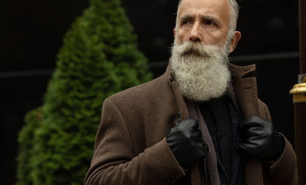 L'uomo più anziano alla moda con capelli grigi e barba è all'aperto sulla strada
. - Foto, immagini