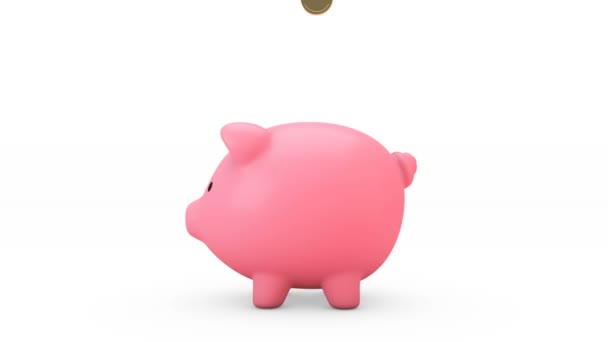 Altın sikkelerin domuz kumbarasına düşüşünün 3 boyutlu animasyonu. Pembe domuz kumbarası para alırken büyür. Para biriktirme kavramı. - Video, Çekim