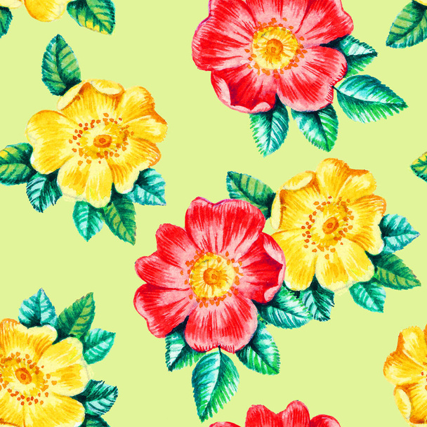 Watercolor dog rose flowers seamless pattern. - Photo, Image