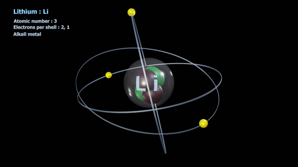 Atom lithia se 3 elektrony v nekonečné orbitální rotaci s černým pozadím - Záběry, video