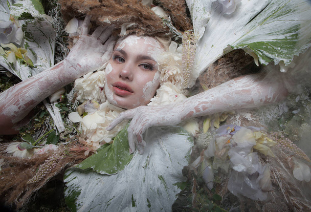 Female portrait in fairy tale stylisation surrounded with natural plants and flowers. - 写真・画像
