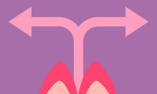 Patas femeninas en zapatos rosados sobre fondo lila con flechas. Concepto de elección. Ilustración vectorial
 - Vector, imagen