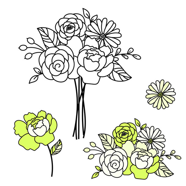 Line style floral bouquet peonies vector illustration. - Vektör, Görsel