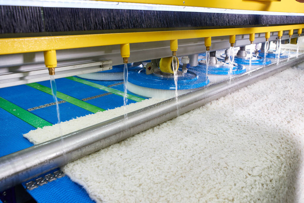 Trabajador de lavandería en el proceso de trabajo en la máquina automática para el lavado de alfombras en la limpieza en seco
 - Foto, imagen