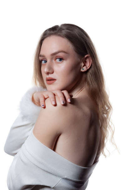 Portrait of beautiful blonde female model on white background. - Fotoğraf, Görsel