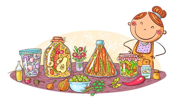 Горда жінка з домашніми консервованими, маринованими, маринованими овочами
 - Вектор, зображення