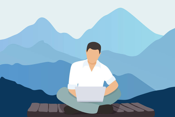 Young man with a laptop working in the mountains. Freelance concept - Vector, Image