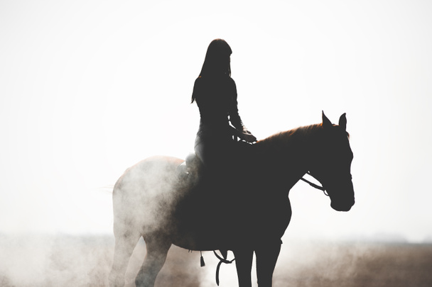 Silhouette egy gyönyörű lány lovaglás egy fehér háttér. Férfi és ló sűrű füstben vagy ködben.Bátor lány vezet aktív életmód - Fotó, kép