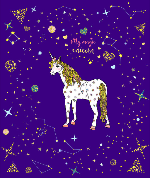 Card with beautiful unicorn in star frme isolated on the violet background. Vector illustration - Vektor, obrázek