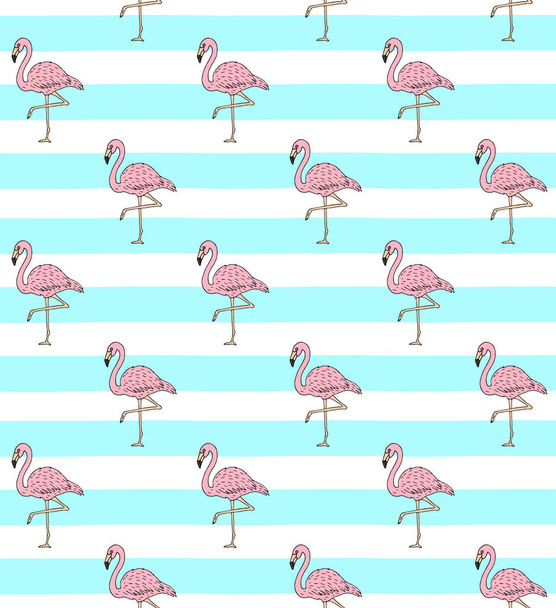 Vector seamless pattern of hand drawn doodle sketch pink flamingo isolated on blue stripped background - Vektor, Bild