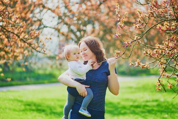 Young woman holding her 1 year old baby girl in park on a spring day - Fotografie, Obrázek