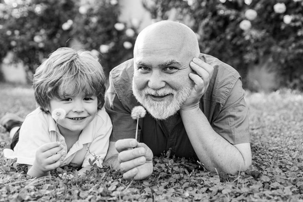 Two generation - weekend together. Two different generations ages: grandfather and grandson together. Happy family father and child on meadow with a kite in the summer on green grass. - Foto, Imagen