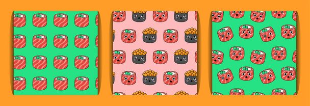 Tres patrones sin costuras con sushi kawaii. Rollos filipinos, sushi con caviar con diferentes emociones. Comida japonesa. para papel, cubierta, tela, decoración de interiores y otros usuarios
 - Vector, imagen