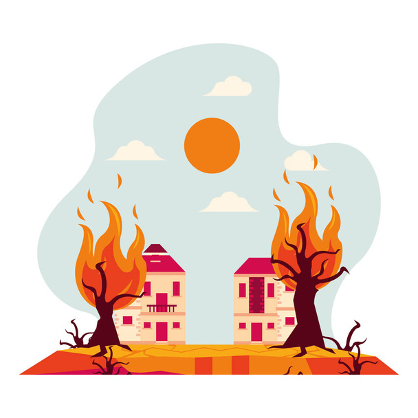 houses in fire forest dry global warming scene - Vector, Image