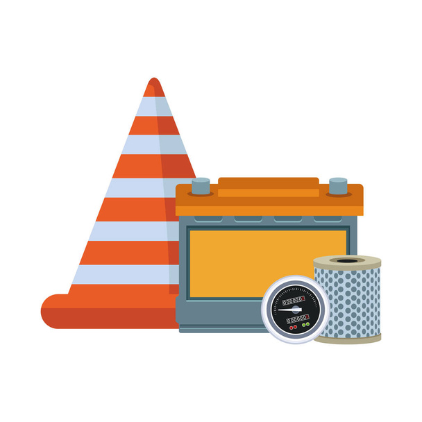 cone de tráfego com bateria de carro e ícone de peças de carro, design colorido
 - Vetor, Imagem