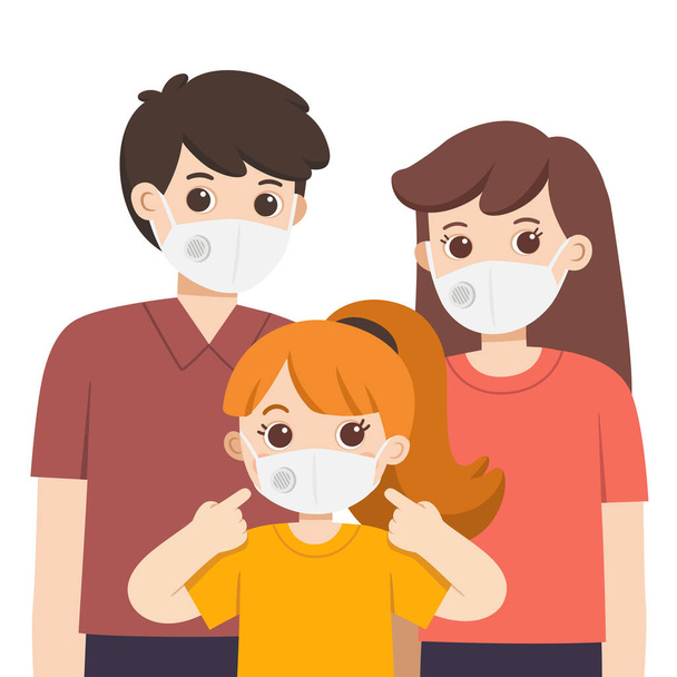 親と子供は医療マスクを着用する。衛生マスクウイルス対策. - ベクター画像