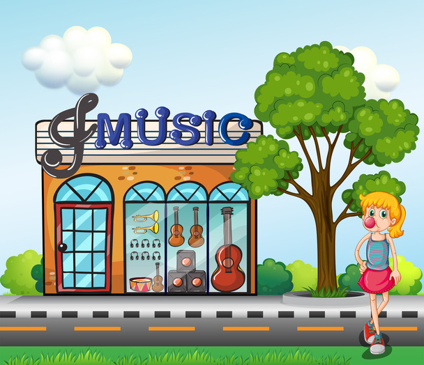A young girl in front of the music store - Vector, Image