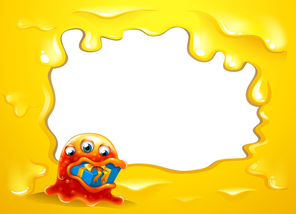 Una plantilla de borde amarillo con un monstruo tragando un regalo
 - Vector, imagen