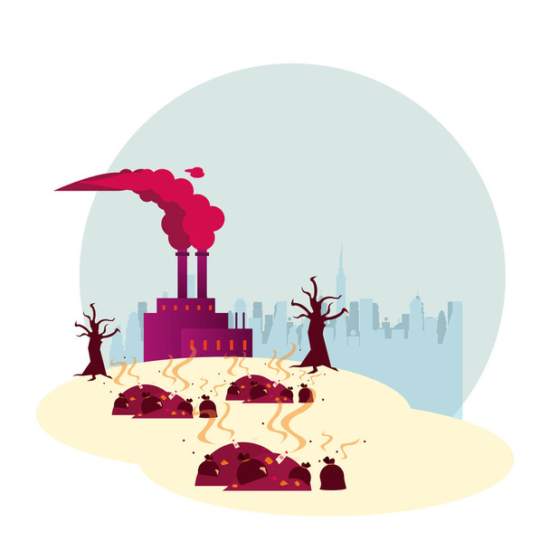 factory with polluting chimneys and forest dry - Vector, Image