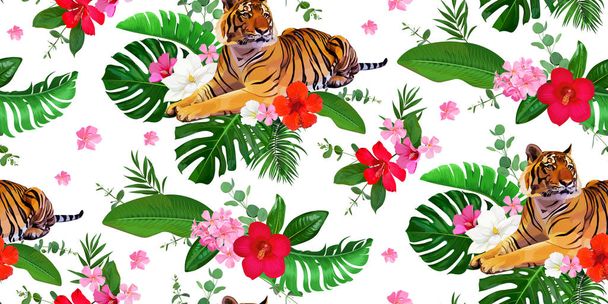 Seamless tropical pattern with tigers and bunch of hibiscus flowers and leaves - Vektor, Bild