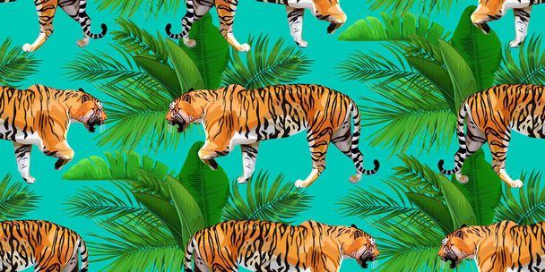 Tropical wallpaper with tigers and leaves - Vektor, Bild