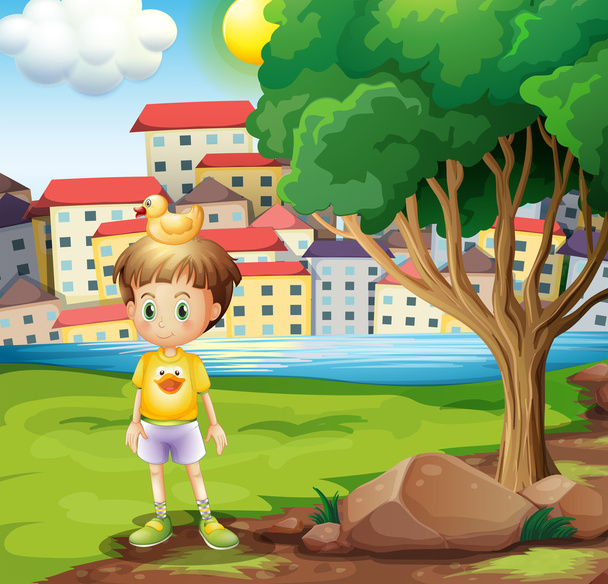A boy with a rubber duck above his head standing near the tree - Vector, Image