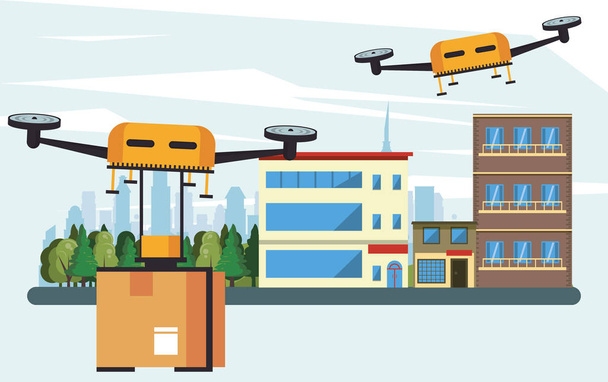 drone τεχνολογία που φέρουν με κουτί στην πόλη - Διάνυσμα, εικόνα