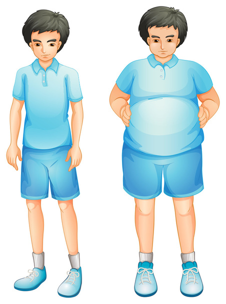 egy vékony és egy kövér fiú kék tornaterem egységes - Vektor, kép