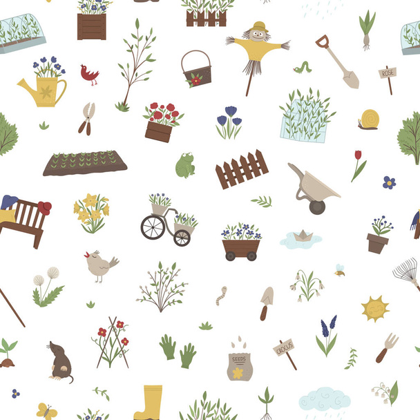 Векторный бесшовный узор с садовыми вещами, инструментами, цветами, травами
 - Вектор,изображение