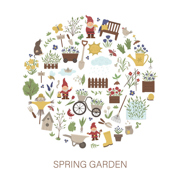 Quadro redondo do vetor com ferramentas de jardim springy, flores, ervas, pl
 - Vetor, Imagem