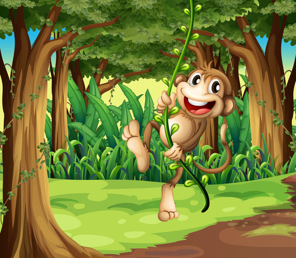 Un singe jouant avec les vignes au milieu de la forêt
 - Vecteur, image