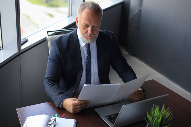 Serious mature business man in formalwear reading contract while sitting at the desk in the office. - Fotoğraf, Görsel