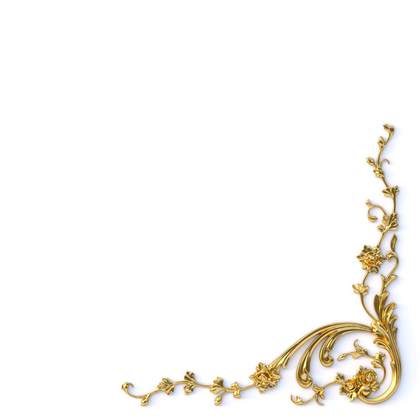 Ilustracja 3d.Vintage złota karta z dekoracji. Klasyczne elementy dekoracyjne w stylu barokowym w formie prostokątnej ramy. Świąteczny wystrój złotych elementów odizolowanych na białym grzbiecie - Zdjęcie, obraz
