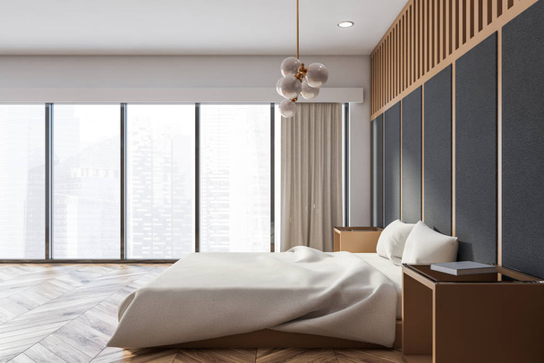 Panoramic gray master bedroom, side view - Fotografie, Obrázek