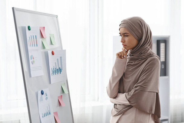 Ofis kurulundaki grafikleri ve çizelgeleri analiz eden düşünceli Müslüman iş kadını. - Fotoğraf, Görsel