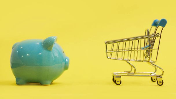 Mavi arka planda sepeti olan bir kumbara. Çevrimiçi alışveriş, aile bütçenizi korumak - Fotoğraf, Görsel