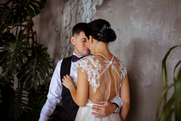 エレガントなドレスで美しい花嫁は、内のウエストコートで新郎  - 写真・画像