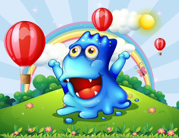 Um monstro azul feliz no topo da colina com os balões flutuantes
 - Vetor, Imagem