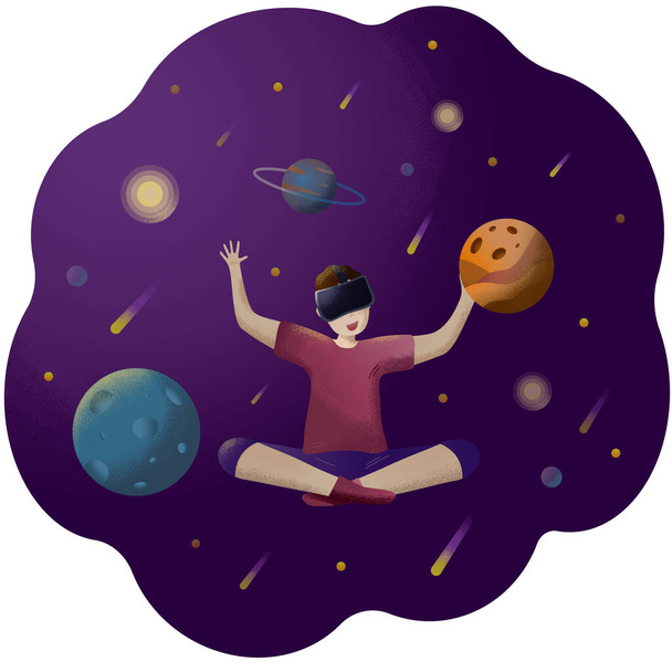 Happy boy in a virtual reality helmet in space with comets and planets. VR game. Digital entertainment. Illustration of virtual reality. - Vector, Image