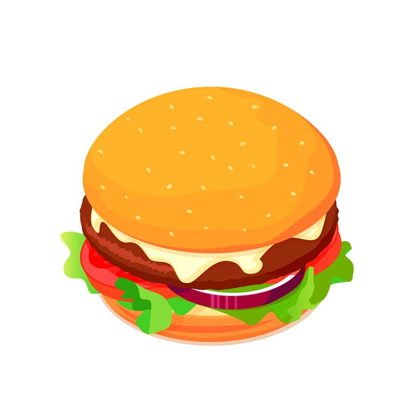 Isometric illustration of cheeseburger with tomato, salad and onion, American fast food illustration - ベクター画像