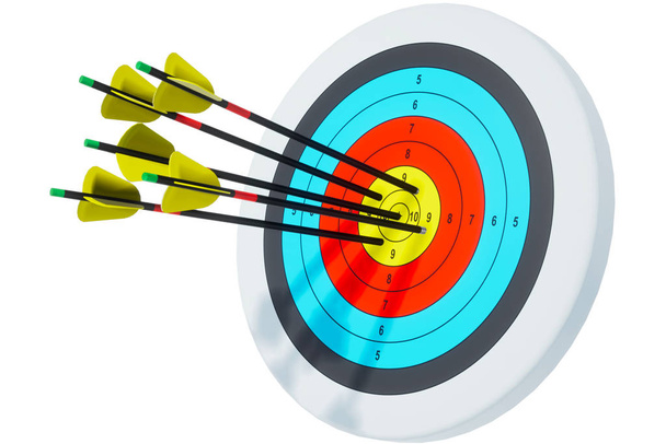 Archery target. All arrows are right on target. 3D render. Isolate - 写真・画像