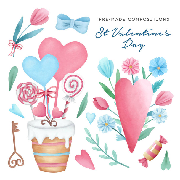 Hand drawn Valentine's Day festive pre-made compositions set. Watercolor flowers, hearts, candies illustration isolated on white background. Handdrawn illustrations for cards, wrapping paper - Φωτογραφία, εικόνα