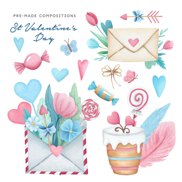 Hand drawn Valentine's Day festive pre-made compositions set. Watercolor flowers, hearts, love letters illustration isolated on white background. Handdrawn illustrations for cards, wrapping paper - 写真・画像