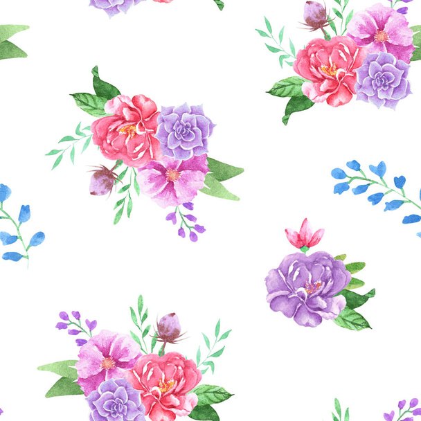 Hand drawn watercolor boho floral pattern. Watercolor flowers, illustration isolated on white background. Seamless pattern for invitations, cards, wrapping paper. Boho and rustic styled flowers - Foto, afbeelding